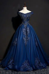 Blue Prom Dress V Neck Tulle Beaded Long Evening Dress