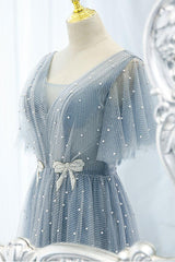 Blue Prom Dress V Neck Tulle Beaded Long Formal Dress Evening Dress