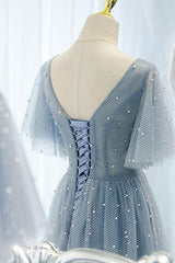 Blue Prom Dress V Neck Tulle Beaded Long Formal Dress Evening Dress