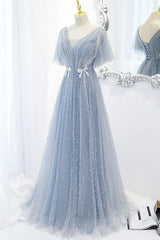 Blue Prom Dress V Neck Tulle Beaded Long Formal Dress Evening Dress