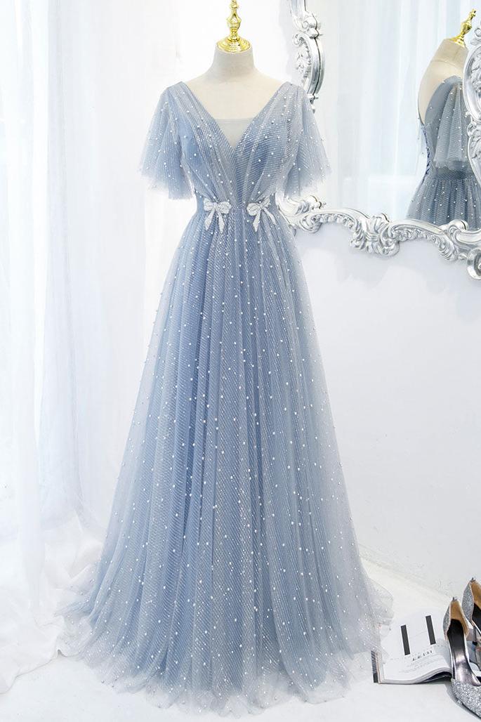 Blue Prom Dress V Neck Tulle Beaded Long Formal Dress Evening Dress