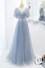Blue Prom Dress V Neck Tulle Beaded Long Formal Dress Evening Dress