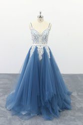 Blue Prom Dress V Neck Tulle Lace Long Evening Dress