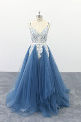 Blue Prom Dress V Neck Tulle Lace Long Evening Dress
