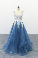 Blue Prom Dress V Neck Tulle Lace Long Evening Dress