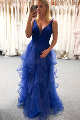 Blue Prom Dress V Neck Tulle Lace Long Formal Dress Evening Dress