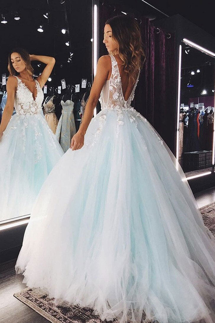 Blue Prom Dress V Neck Tulle Lace Long Formal Dress Evening Dress