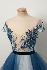 Blue Prom Dress V Neck Tulle Lace Long Formal Evening Dress