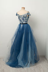 Blue Prom Dress V Neck Tulle Lace Long Formal Evening Dress