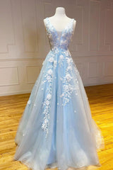 Blue Prom Dress V Neck Tulle Lace Long Formal Evening Dress
