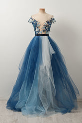 Blue Prom Dress V Neck Tulle Lace Long Formal Evening Dress