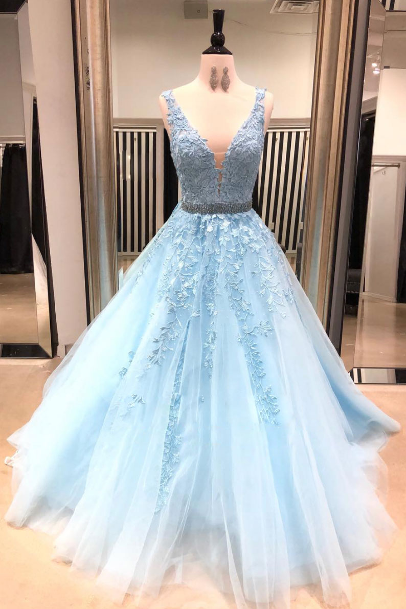Blue Prom Dress V Neck Tulle Lace Long Formal Evening Dress