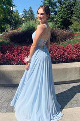 Blue Prom Dress V Neck Tulle Long Evening Dress