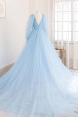 Blue Prom Dress V Neck Tulle Long Evening Dress