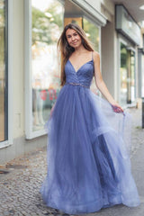 Blue Prom Dress V Neck Tulle Long Evening Dress