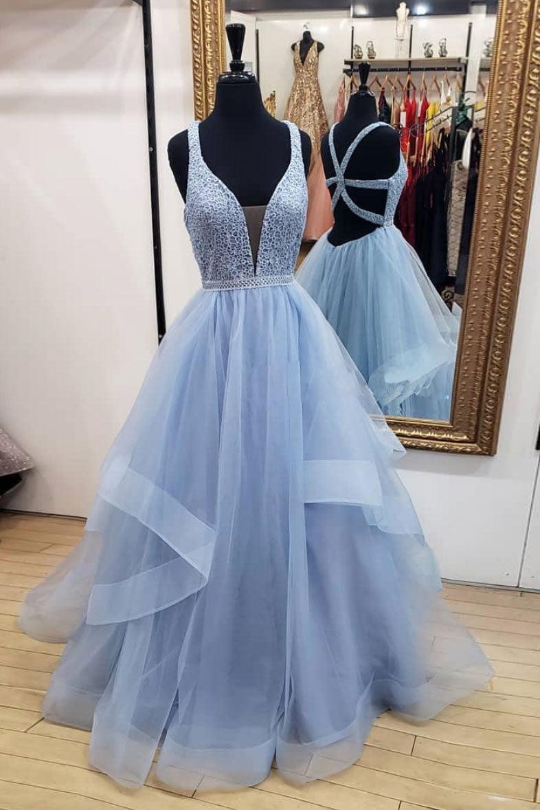 Blue Prom Dress V Neck Tulle Long Evening Dress