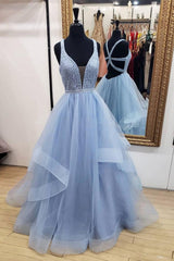Blue Prom Dress V Neck Tulle Long Evening Dress
