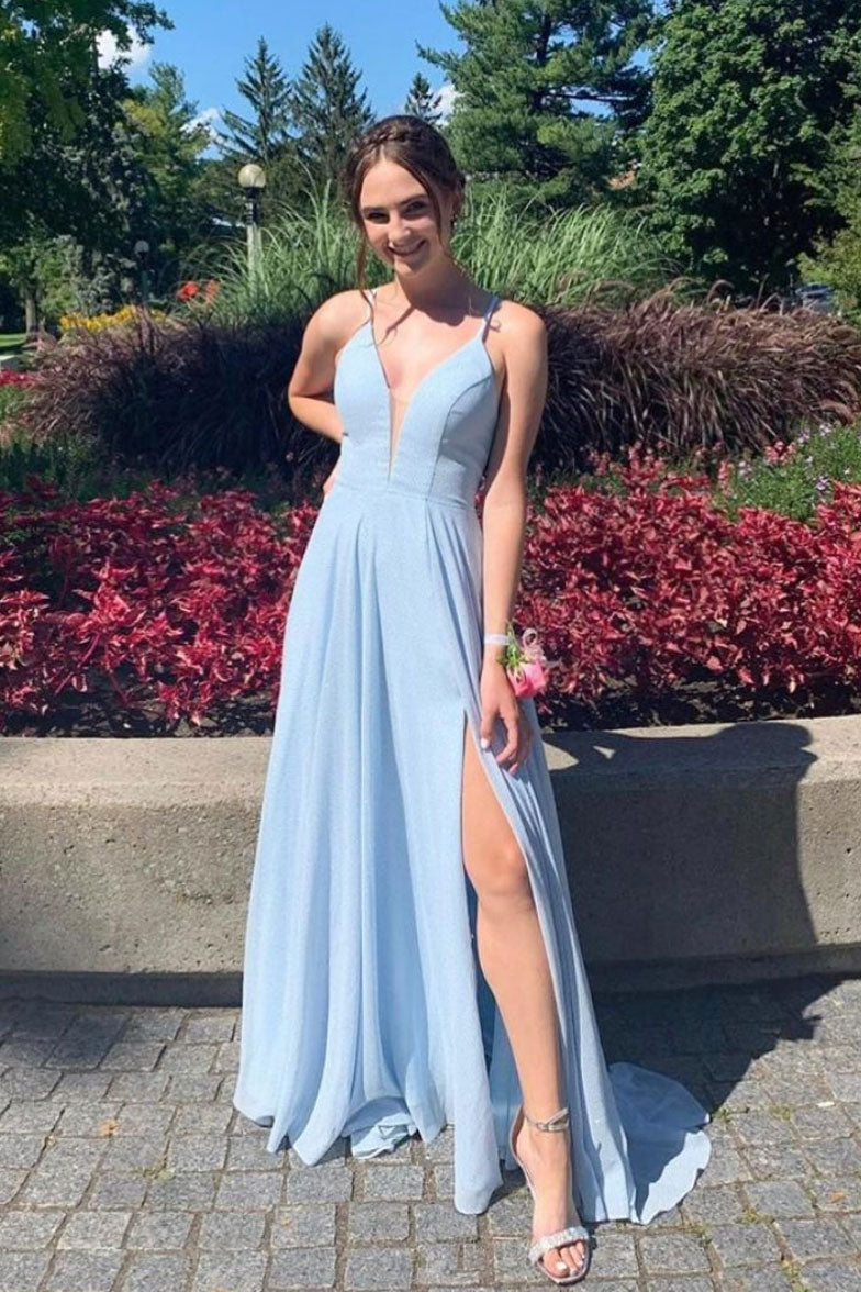 Blue Prom Dress V Neck Tulle Long Evening Dress