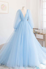 Blue Prom Dress V Neck Tulle Long Evening Dress