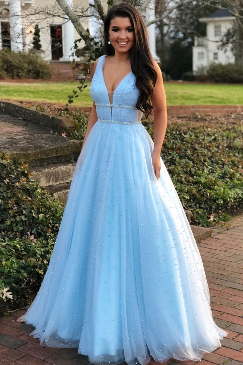 Blue Prom Dress V Neck Tulle Long Evening Gown Evening Dress