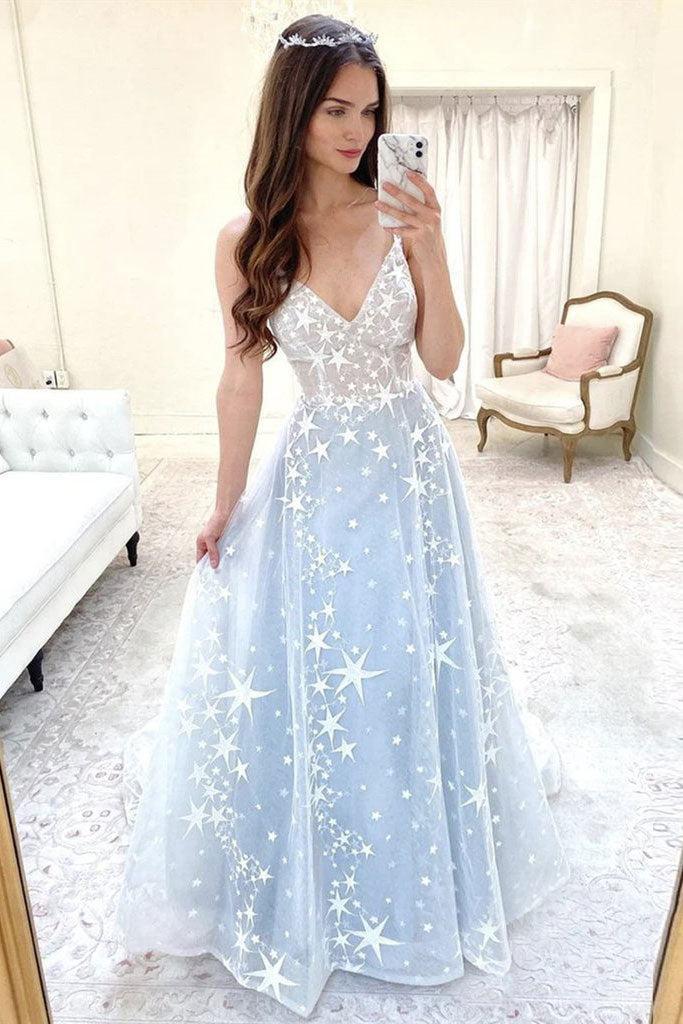 Blue Prom Dress V Neck Tulle Long Formal Dress Evening Dress