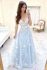 Blue Prom Dress V Neck Tulle Long Formal Dress Evening Dress