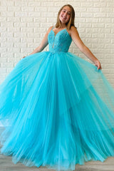 Blue Prom Dress V Neck Tulle Long Formal Dress Evening Dress