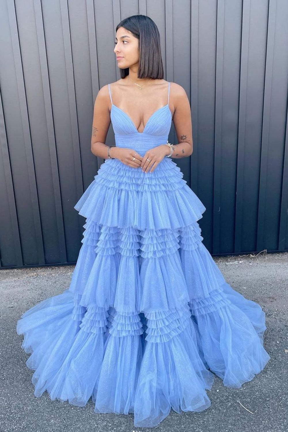 Blue Prom Dress V Neck Tulle Long Formal Evening Dress