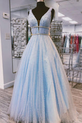 Blue Prom Dress V Neck Tulle Long Formal Evening Dress