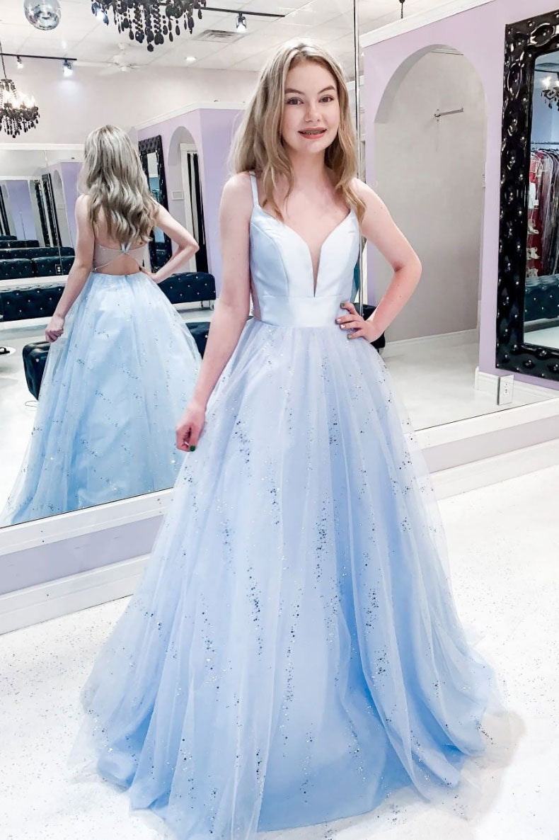 Blue Prom Dress V Neck Tulle Long Formal Gown Evening Dress