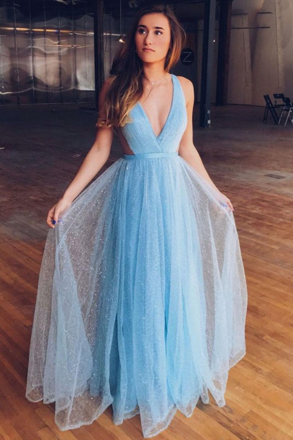 Blue Prom Dress V Neck Tulle Long Formal Gown Evening Dress