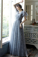 Blue Prom Dress V Neck Tulle Long Lace Evening Dress