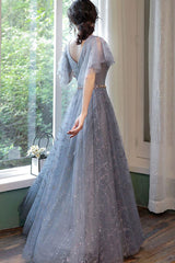 Blue Prom Dress V Neck Tulle Long Lace Evening Dress