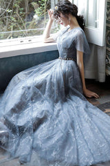 Blue Prom Dress V Neck Tulle Long Lace Evening Dress