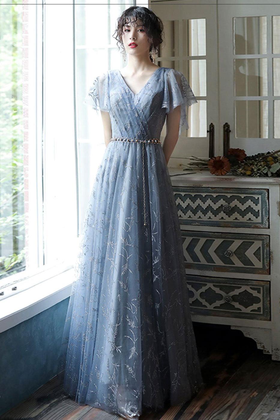 Blue Prom Dress V Neck Tulle Long Lace Evening Dress