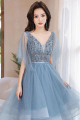 Blue Prom Dress V Neck Tulle Sequin Long Formal Dress Evening Dress