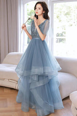 Blue Prom Dress V Neck Tulle Sequin Long Formal Dress Evening Dress