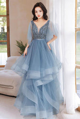 Blue Prom Dress V Neck Tulle Sequin Long Formal Dress Evening Dress