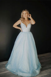 Blue Prom Dress V Neck Tulle Sequin Long Formal Evening Dress