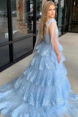 Blue Ruffled Tiered Lace A Line Long Prom Dress