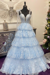 Blue Ruffled Tiered Lace A Line Long Prom Dress
