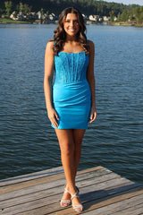 Blue Satin Homecoming Dresses Corset Short Tight Cocktail Dresses With Lace