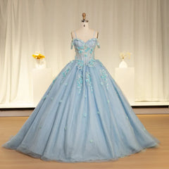 Blue Scoop Neck Quinceanera Dress Spaghetti Straps 3D Floral Appliques Ball Gown Romantic Prom Dress