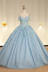 Blue Scoop Neck Quinceanera Dress Spaghetti Straps 3D Floral Appliques Ball Gown Romantic Prom Dress