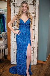 Blue Sequined Prom Dress Mermaid Long Evening Dress
