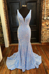 Blue Sequins Prom Dress Mermaid V Neck Evening Dress