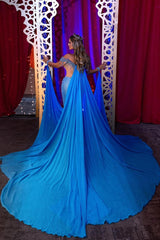 Blue Sheath/Column Prom Dress Cap Sleeve Off the Shoulder Formal Dress With Beadings and Rhinestones