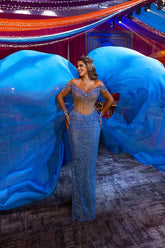 Blue Sheath/Column Prom Dress Cap Sleeve Off the Shoulder Formal Dress With Beadings and Rhinestones