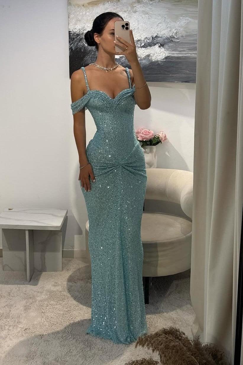 Blue Sheath/Column Prom Dress Cap Sleeve Spaghetti Straps Formal Dress With Sequins