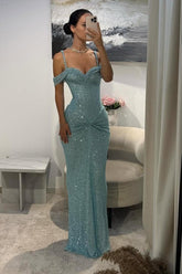 Blue Sheath/Column Prom Dress Cap Sleeve Spaghetti Straps Formal Dress With Sequins